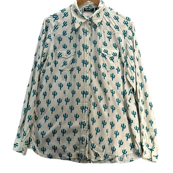 Wrangler Retro Cactus Western Pearl Snap Button Up Long Sleeve Shirt Women Large - Picture 1 of 7